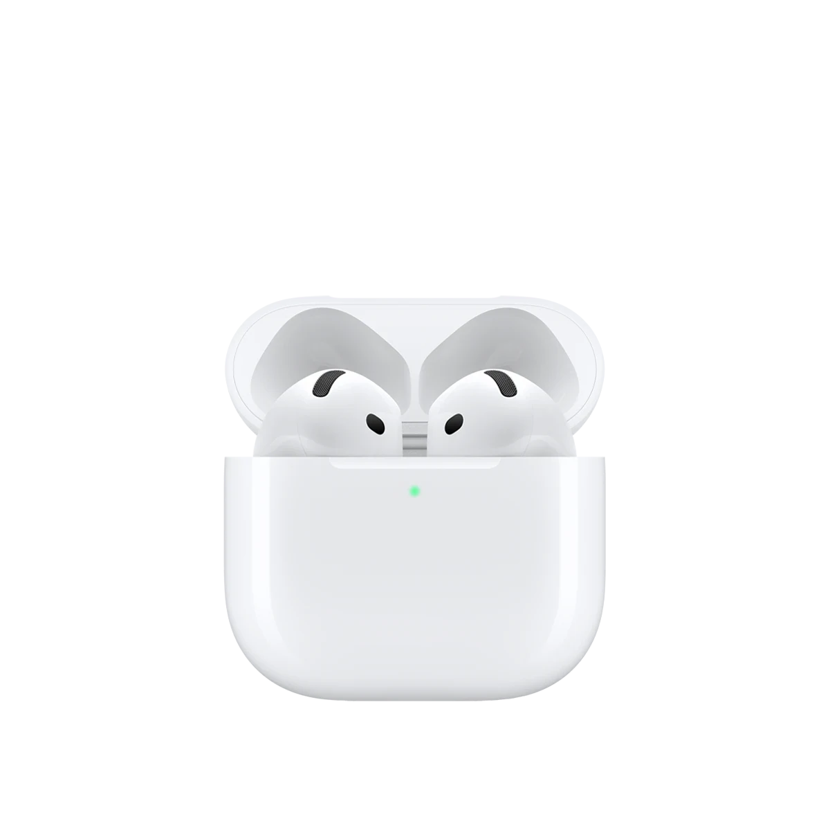 AirPods 5 guardados no estojo de recarga branco com bordas arredondadas e tampa aberta, mostrando o indicador LED de energia