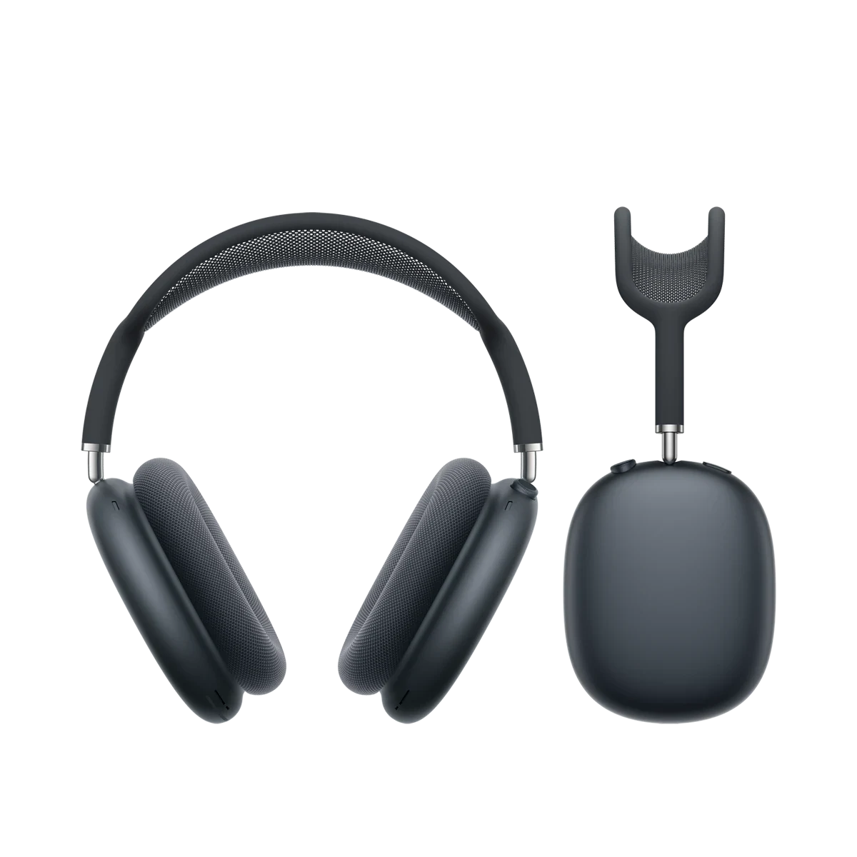 AirPods Max 2 circum-auriculares de alumínio na cor meia-noite, almofadas e hastes ajustáveis que se conectam aos fones e à faixa de cabeça.