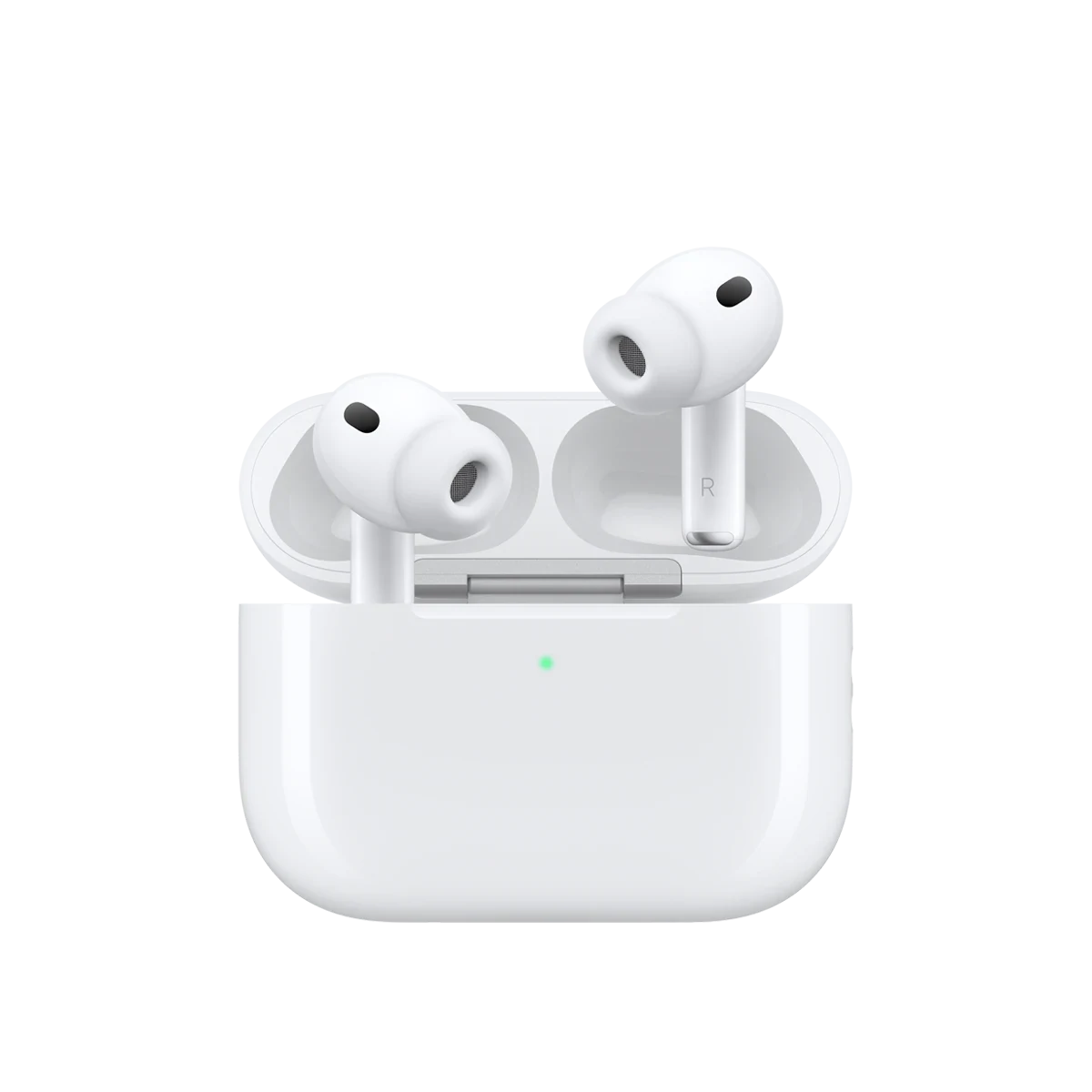 AirPods Pro 3 na cor branca em um estojo de recarga MagSafe (USB-C) com design arredondado, indicador LED de energia na parte externa. O estojo está aberto e mostra os fones de ouvido sem fio com pontas de silicone.