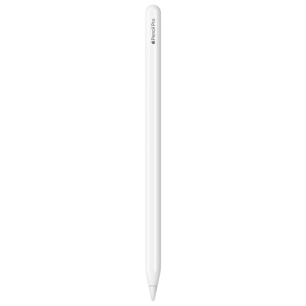 Apple Pencil Pro branco, com a gravação Apple Pencil Pro, em que a palavra Apple é representada pelo logotipo da Apple.