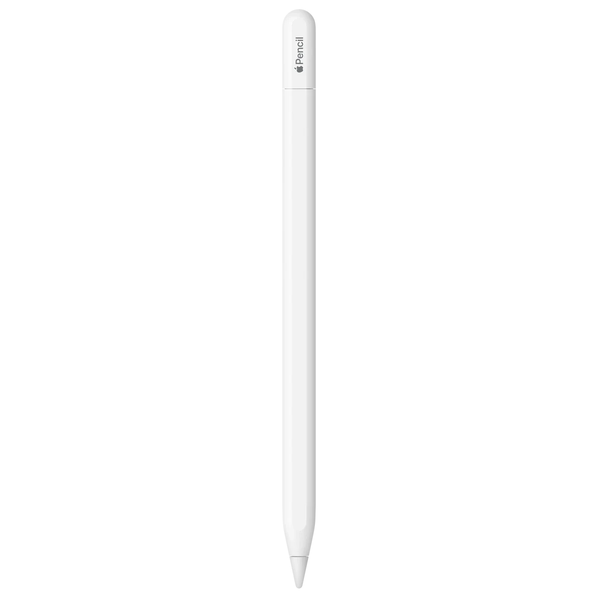 Apple Pencil (USB-C) branco, com a gravação Apple Pencil na tampa, em que a palavra Apple é representada pelo logotipo da Apple.