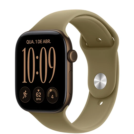 Apple Watch Series 12 com caixa de alumínio na cor bronze-escura e pulseira esportiva oliva (verde terroso)