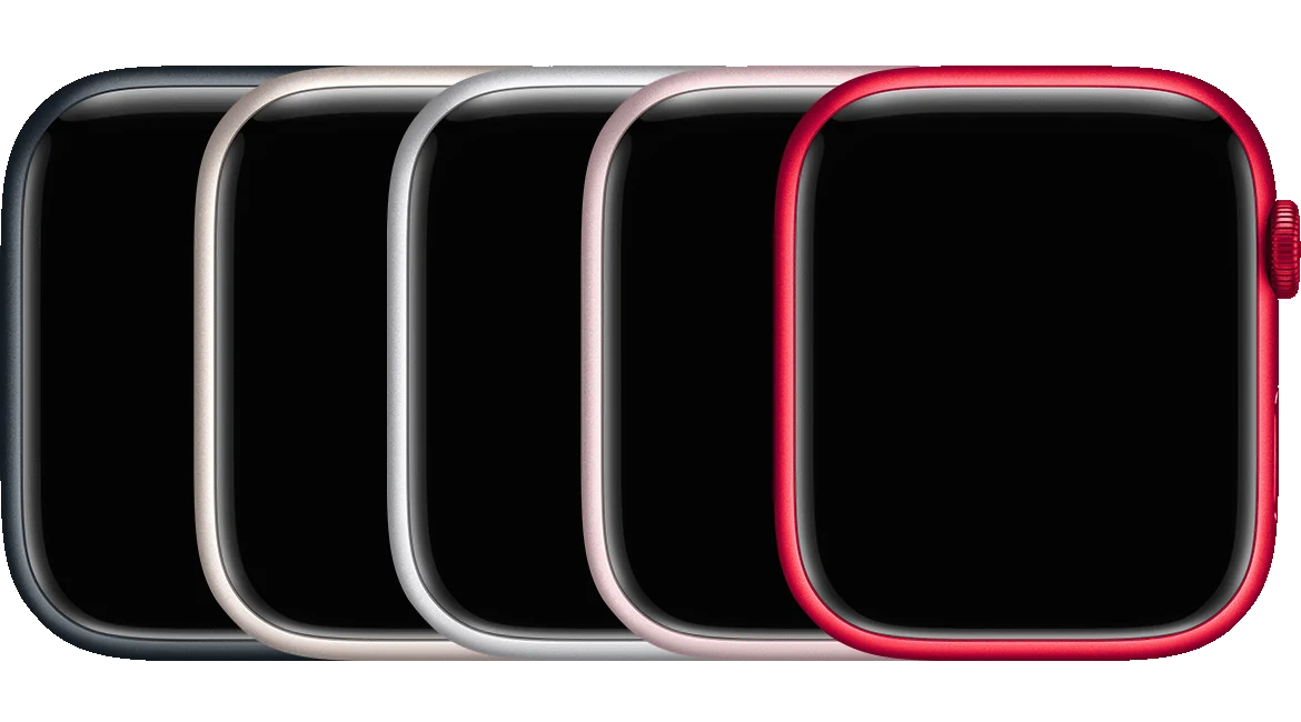 Cinco modelos de Apple Watch Series 9 (GPS) mostrados lado a lado em todas as cores disponíveis