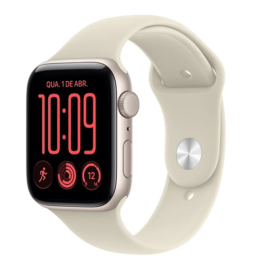 Apple Watch SE 3 com caixa estelar de alumínio e pulseira esportiva areia (bege-clara)