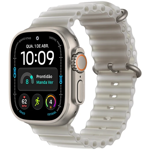 Apple Watch Ultra 4 com caixa natural de titânio e pulseira Oceano cinza-translúcida
