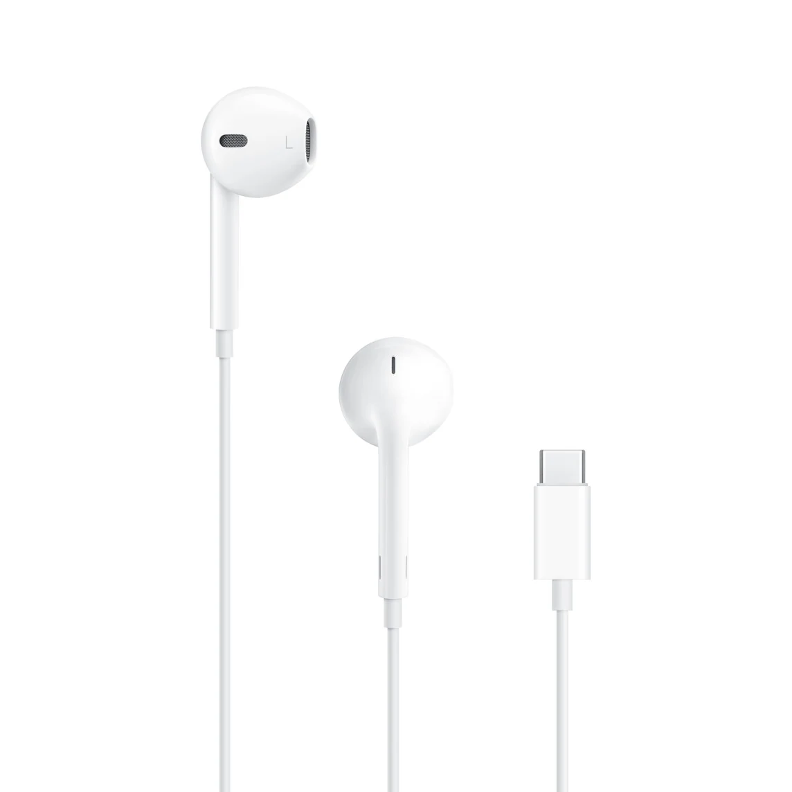 Imagem lateral, da parte de trás e do conector dos EarPods com conector USB-C.