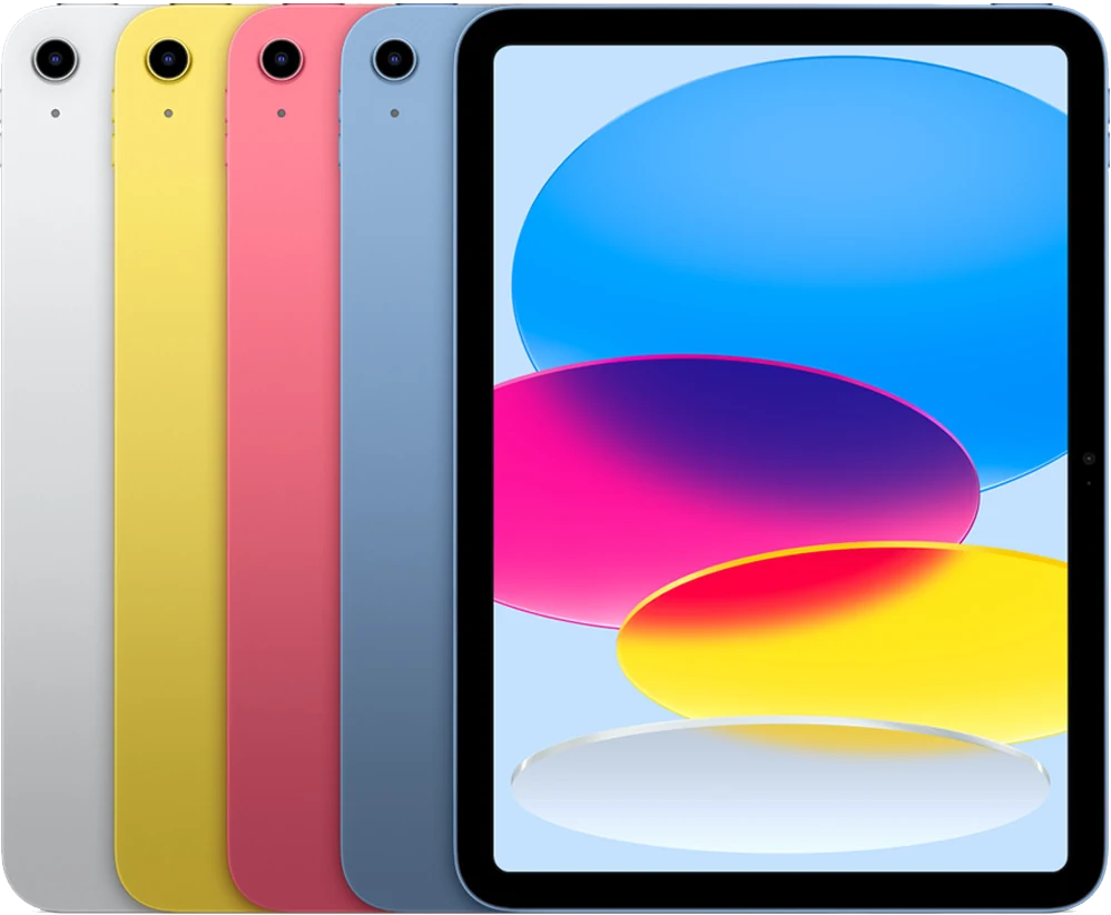 A parte de trás de vários dispositivos iPad, lado a lado, em todas as cores disponíveis, seguidas pela frente de um.