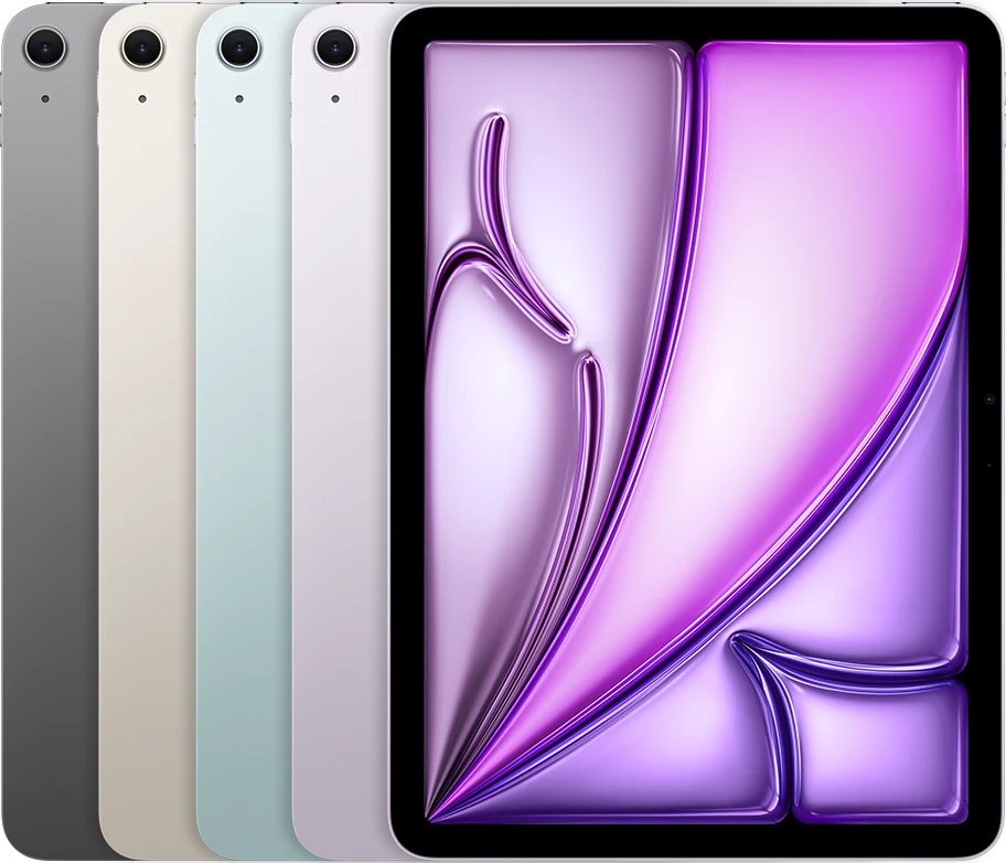 A parte de trás de vários dispositivos iPad, lado a lado, em todas as cores disponíveis, seguidas pela frente de um.