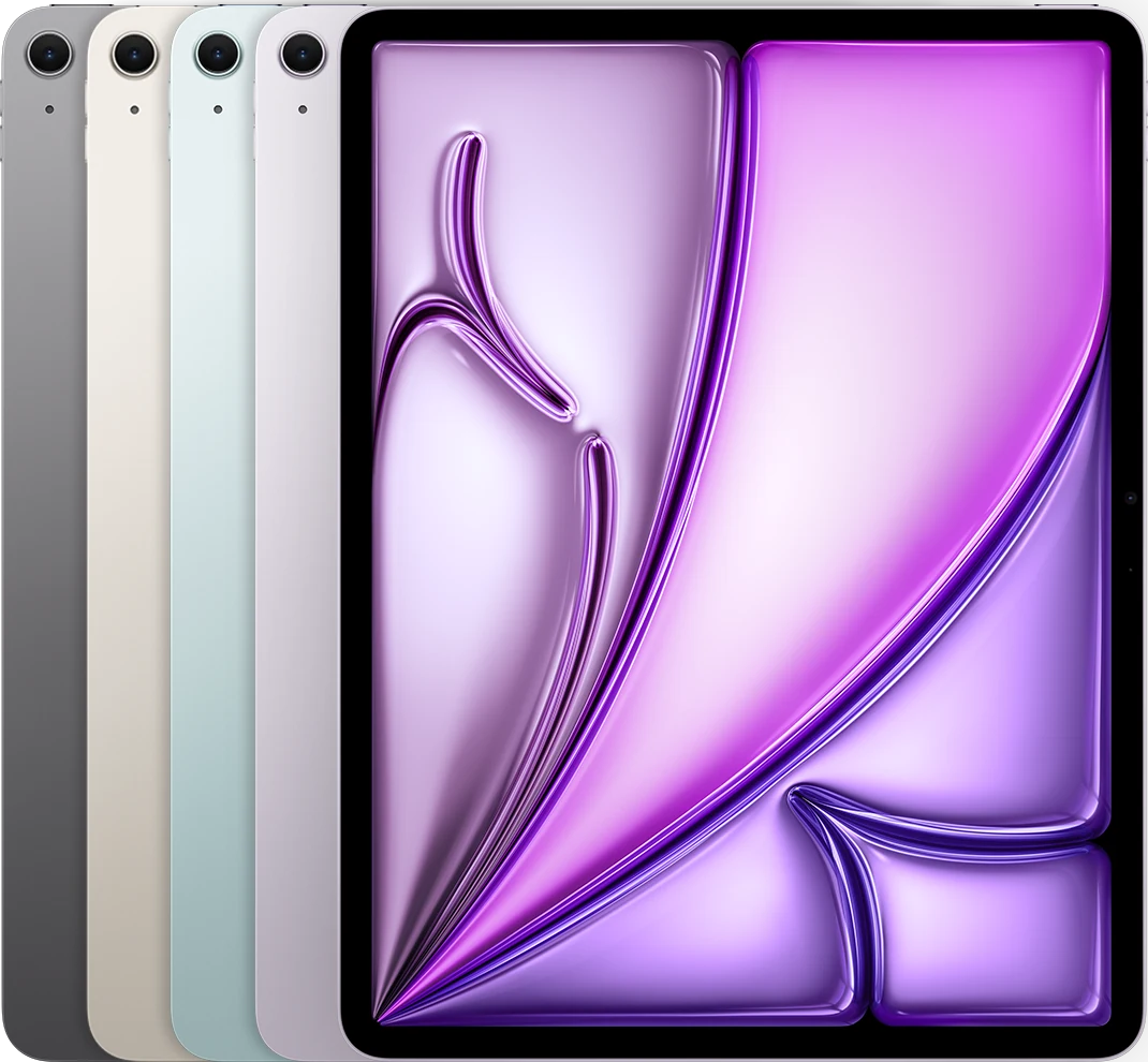A parte de trás de vários dispositivos iPad, lado a lado, em todas as cores disponíveis, seguidas pela frente de um.