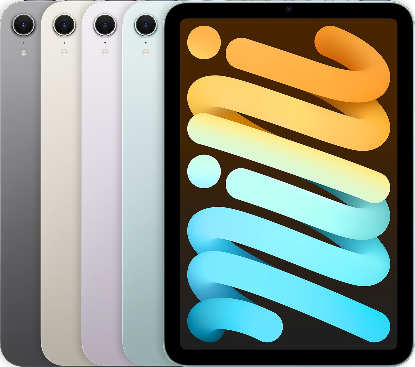 A parte de trás de vários dispositivos iPad, lado a lado, em todas as cores disponíveis, seguidas pela frente de um.
