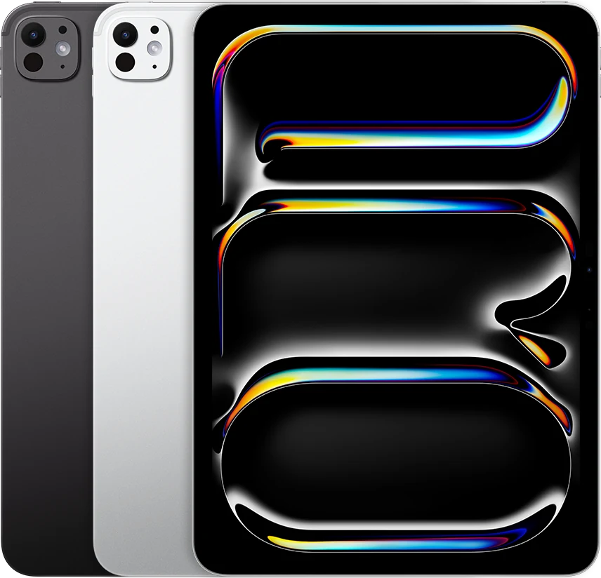 A parte de trás de vários dispositivos iPad, lado a lado, em todas as cores disponíveis, seguidas pela frente de um.