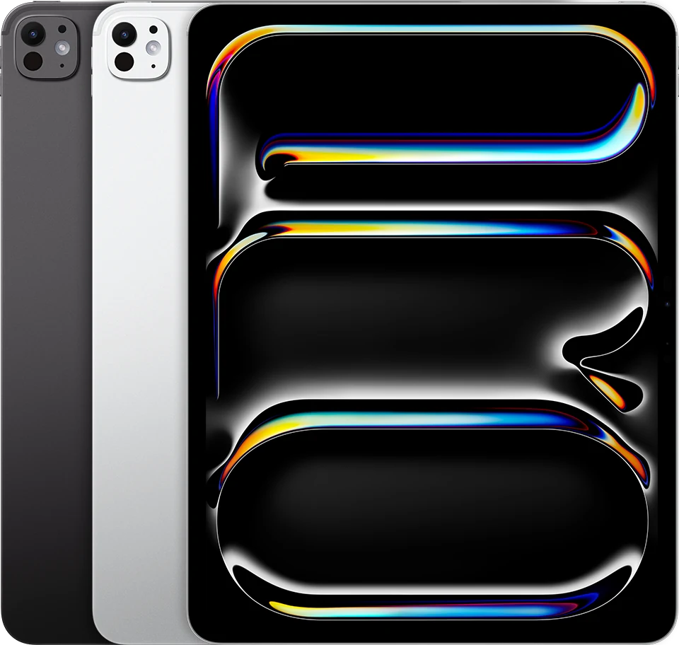 A parte de trás de vários dispositivos iPad, lado a lado, em todas as cores disponíveis, seguidas pela frente de um.