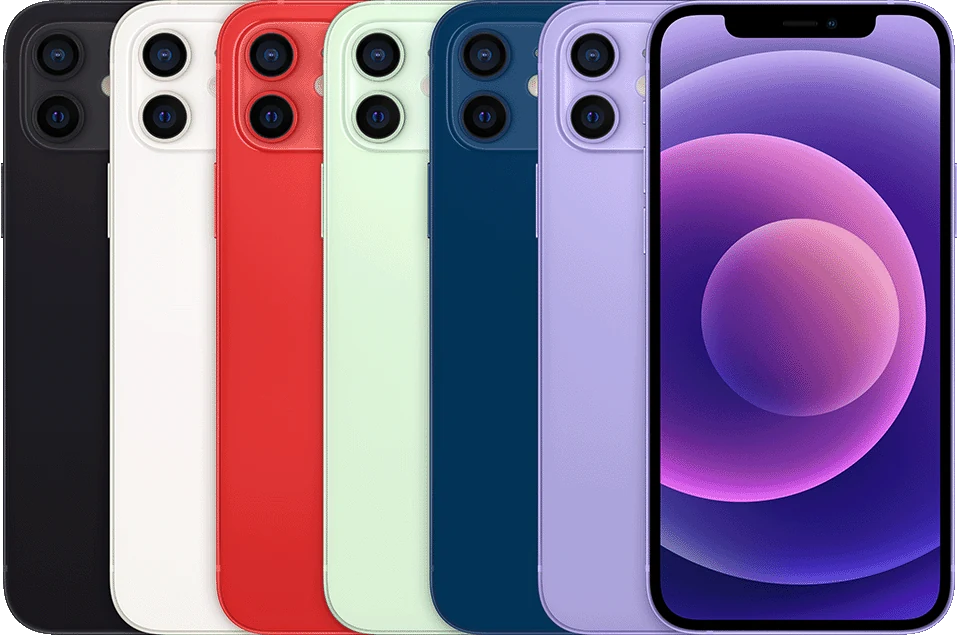 A parte de trás de vários dispositivos iPhone, lado a lado, em todas as cores disponíveis, seguidas pela frente de um.