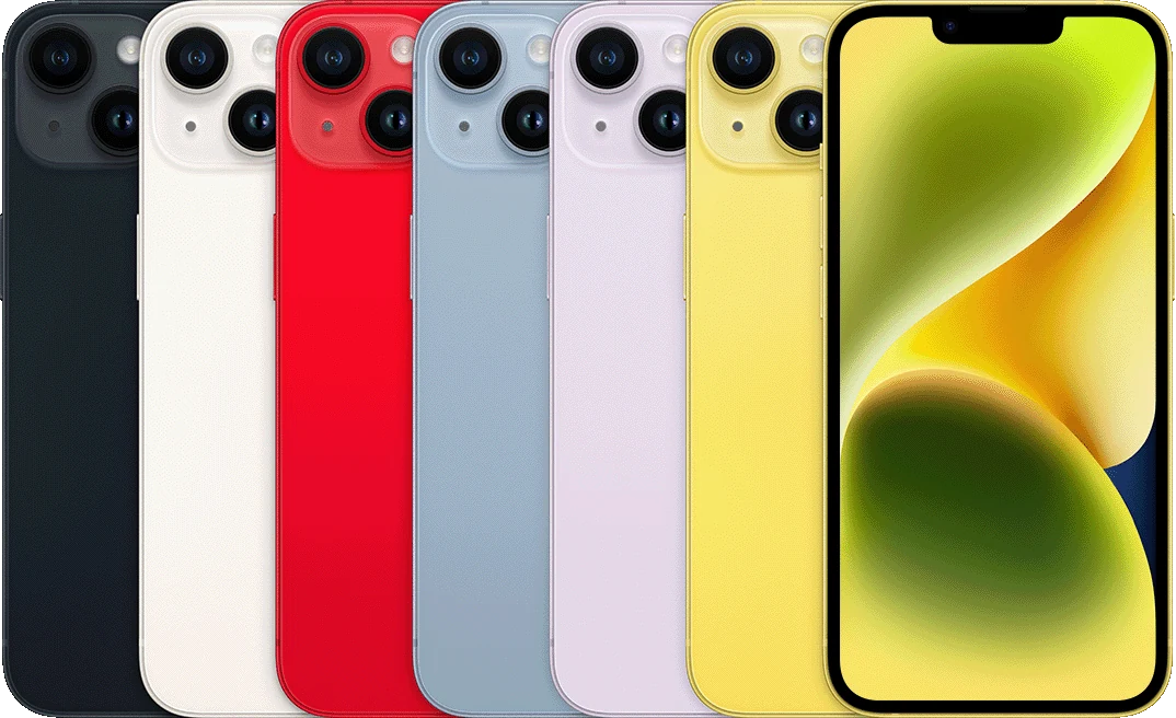 A parte de trás de vários dispositivos iPhone, lado a lado, em todas as cores disponíveis, seguidas pela frente de um.