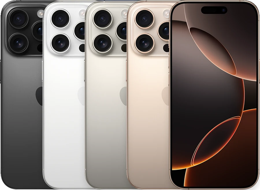 A parte de trás de vários dispositivos iPhone, lado a lado, em todas as cores disponíveis, seguidas pela frente de um.