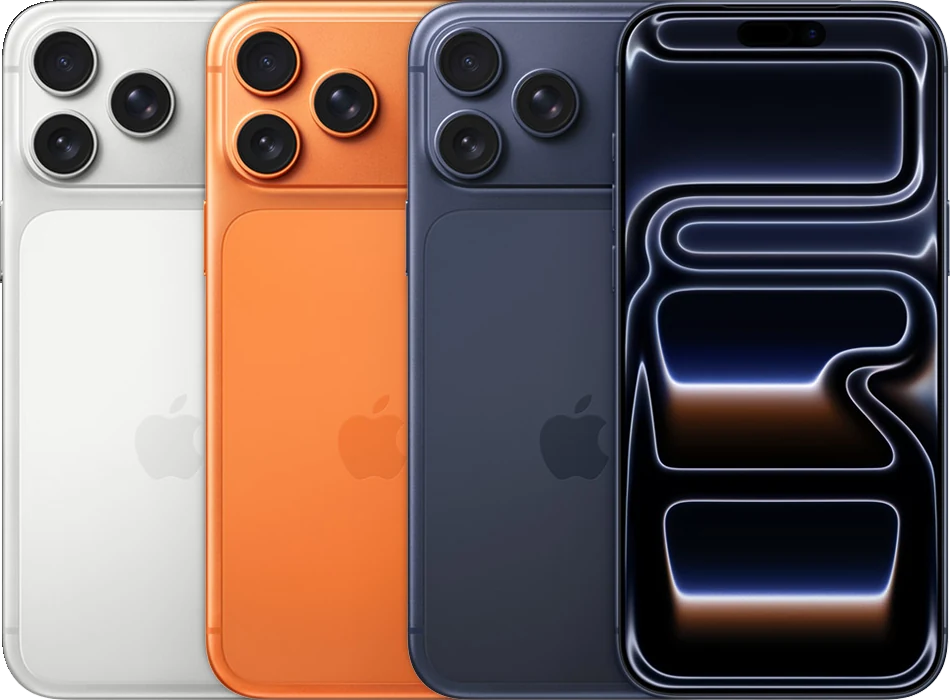 A parte de trás de vários dispositivos iPhone, lado a lado, em todas as cores disponíveis, seguidas pela frente de um.