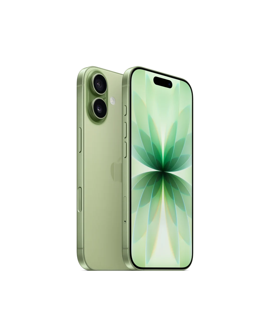 Parte de trás do iPhone 17 na cor sálvia mostrando o sistema de câmera dupla Fusion. Parte da frente mostrando o design todo tela, Dynamic Island e a moldura preta fina da tela, lateral com o botão de Ação, os botões de volume, o botão lateral e o Controle da Câmera.