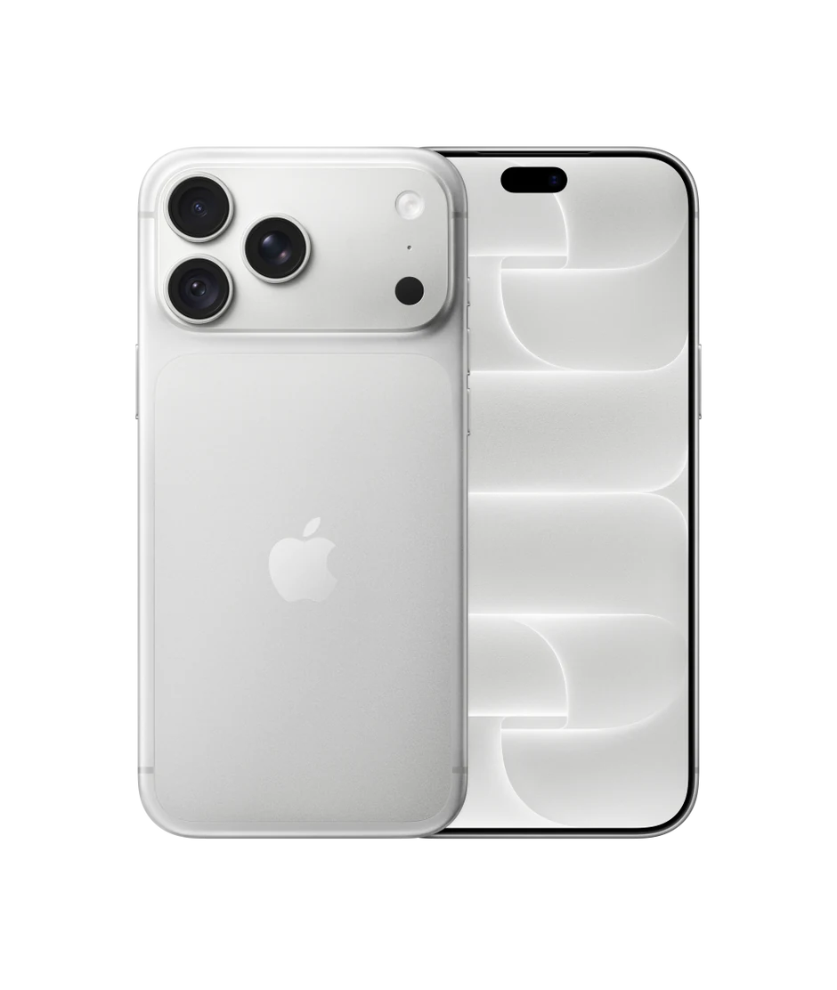 Parte de trás do iPhone 18 Pro Max prateado com sistema de câmera Fusion Pro na parte superior e logotipo da Apple no centro. Parte da frente com tela de ponta a ponta e Dynamic Island centralizada na parte superior