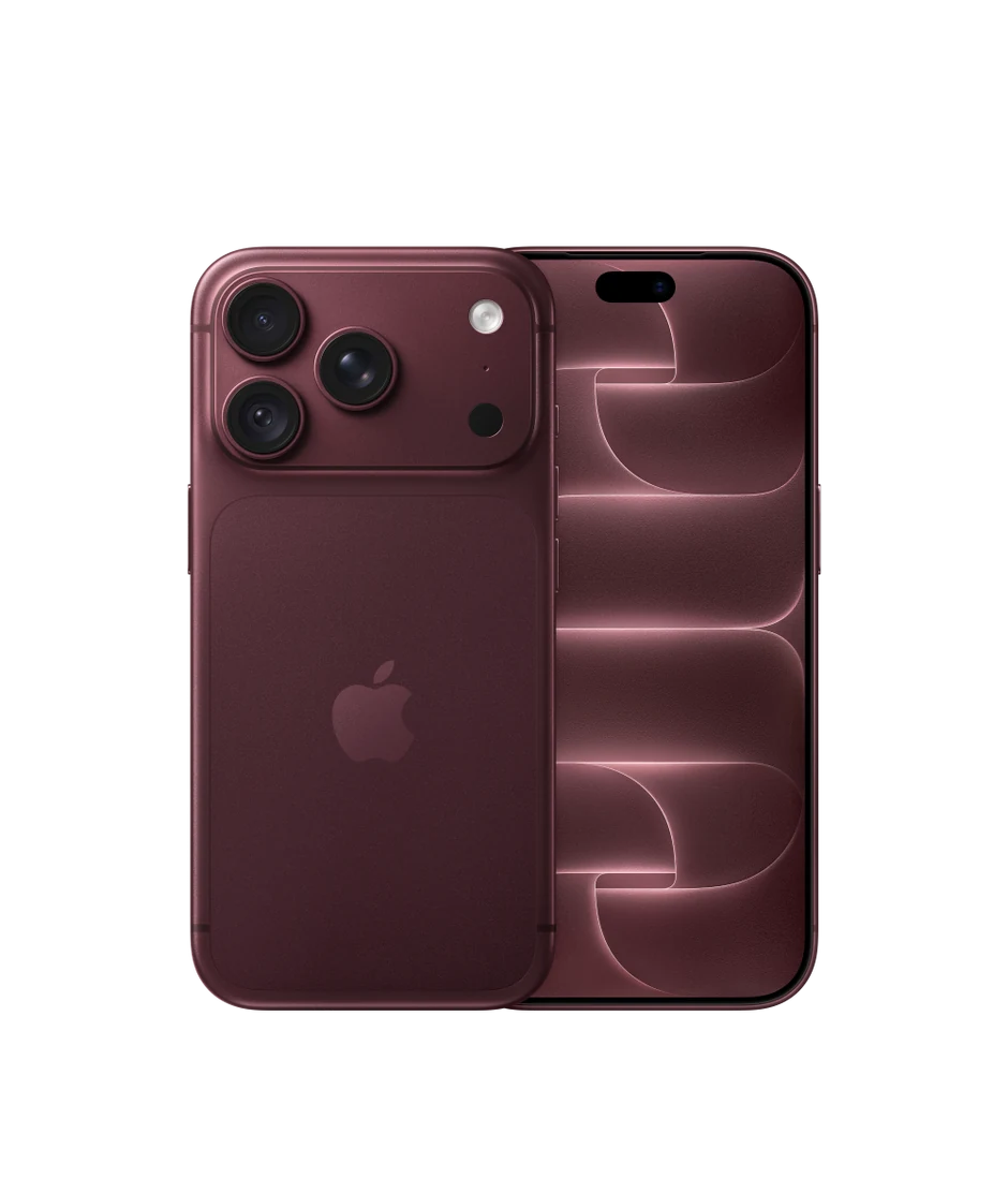 Parte de trás do iPhone 18 Pro bordô (vermelho-escuro) com sistema de câmera Fusion Pro na parte superior e logotipo da Apple no centro. Parte da frente com tela de ponta a ponta e Dynamic Island centralizada na parte superior