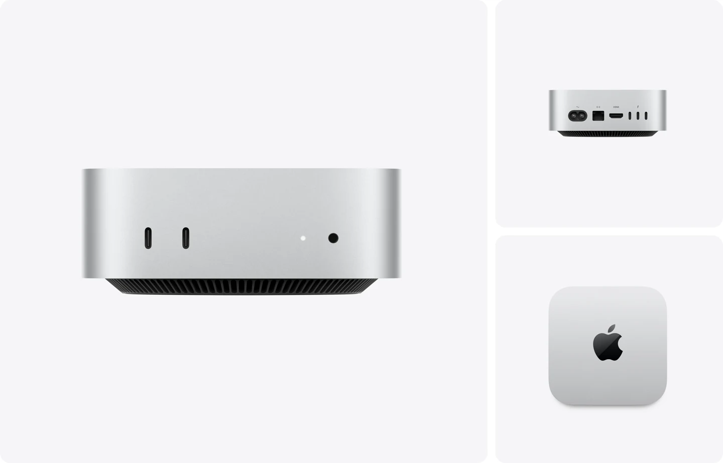 Parte da frente de um Mac mini prateado com duas portas USB-C, luz indicadora de status e entrada para fones de ouvido. Parte de trás com entrada de alimentação de dois pinos, Ethernet, HDMI e três portas Thunderbolt 4. Parte superior com formato quadrado, bordas arredondadas e logotipo da Apple em preto brilhante no centro