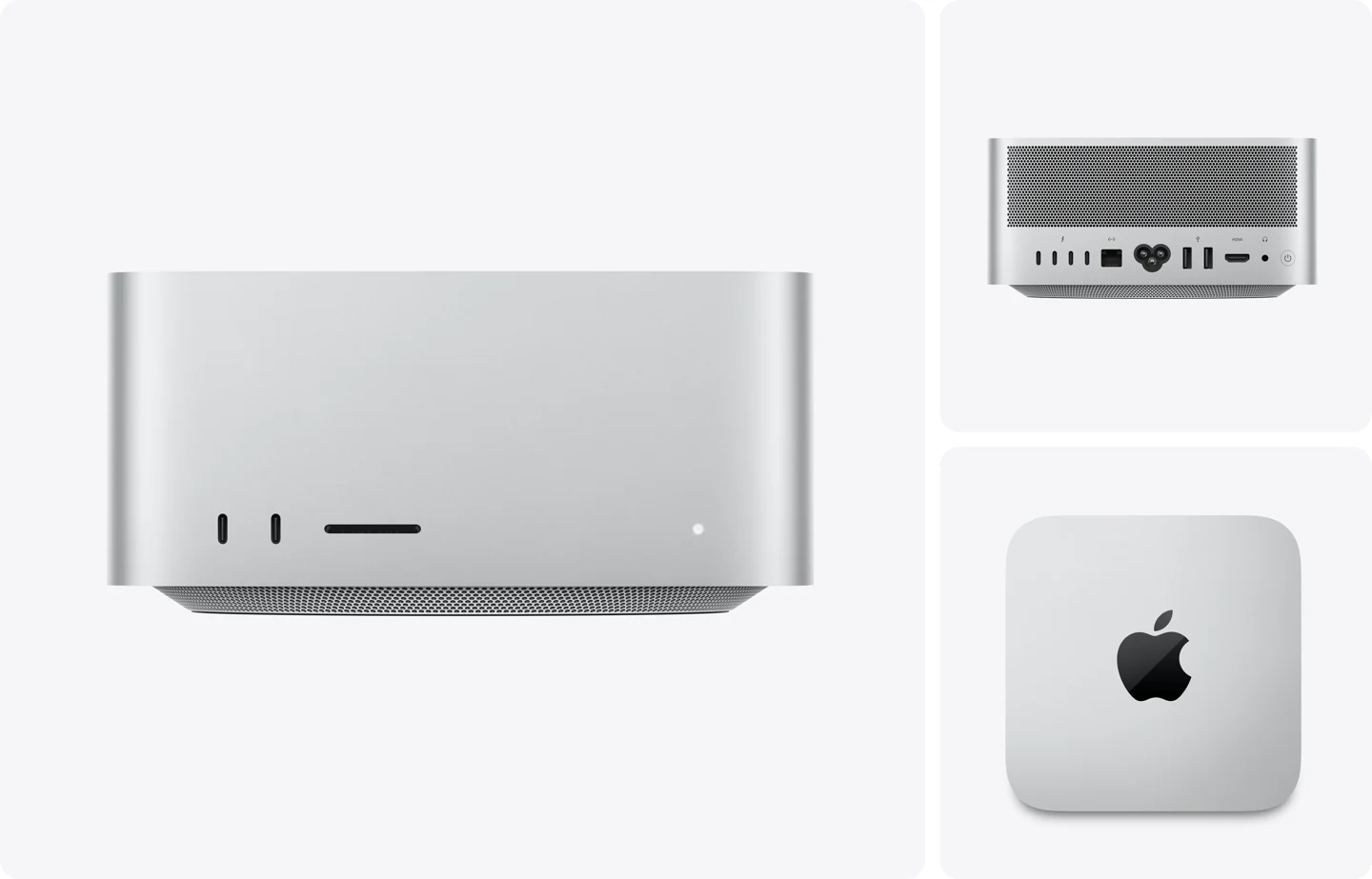 Parte da frente de um Mac Studio prateado com duas portas USB-C, slot para cartão SDXC e indicador de status. Parte de trás com com saída de ar em alumínio perfurado, quatro portas Thunderbolt 5, porta Ethernet, entrada de alimentação com plugue de três pinos, duas portas USB-A, porta HDMI, entrada para fones de ouvido e botão liga/desliga. Parte superior com formato quadrado, bordas arredondadas e logotipo da Apple em preto brilhante no centro