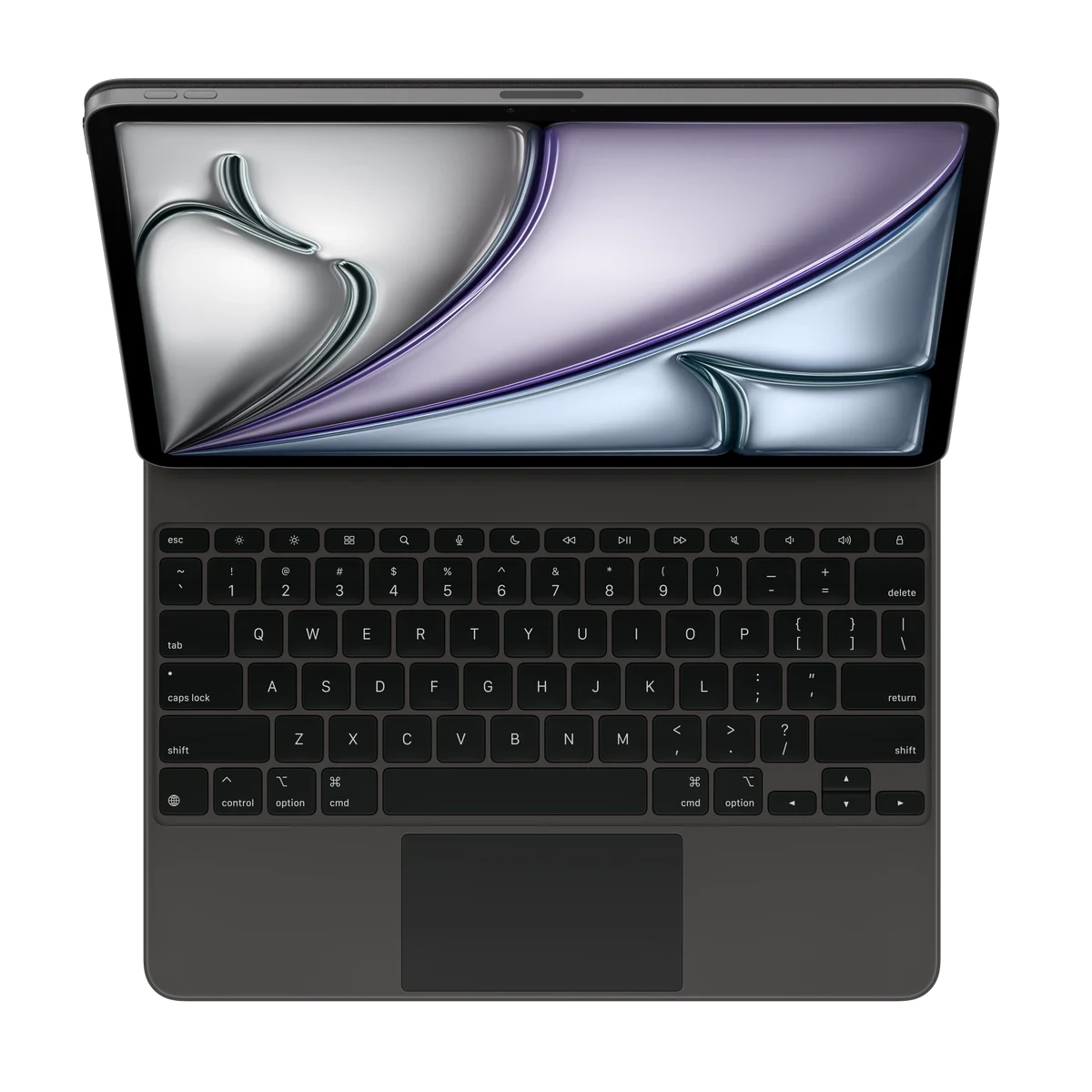 Magic Keyboard para iPad Air, estrutura preta de alumínio, teclas pretas com símbolos brancos, teclas de função, trackpad preto e apoio para as mãos, com um iPad Air conectado na horizontal