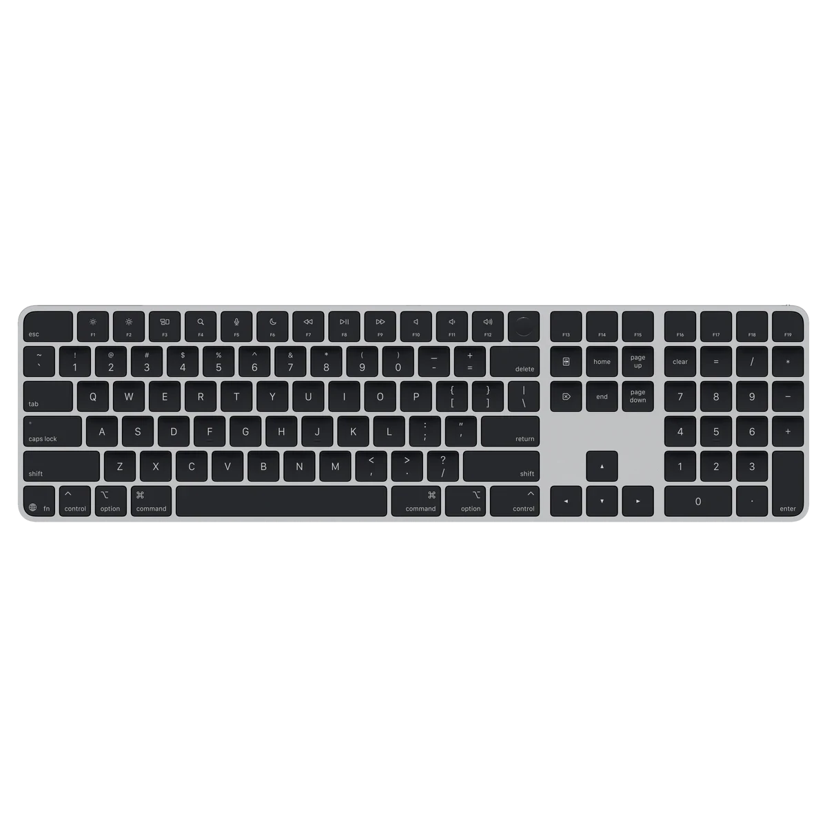 Magic Keyboard com Touch ID e teclado numérico, teclas pretas, estrutura em alumínio prateado, sensor Touch ID redondo, teclas de função com altura normal.